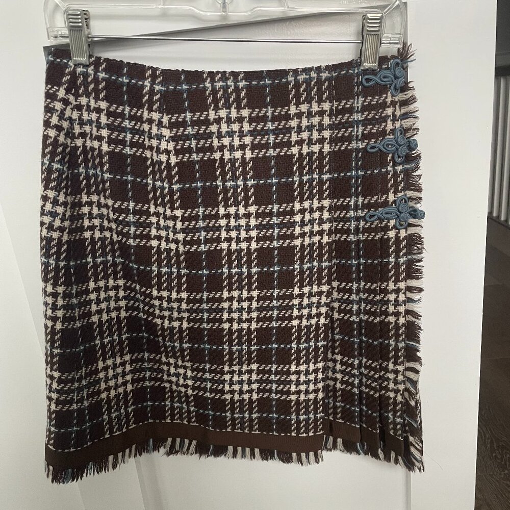 Vintage Womens Pleated Blue Brown Plaid 100%Wool Skirt Gross grain ribbon unique